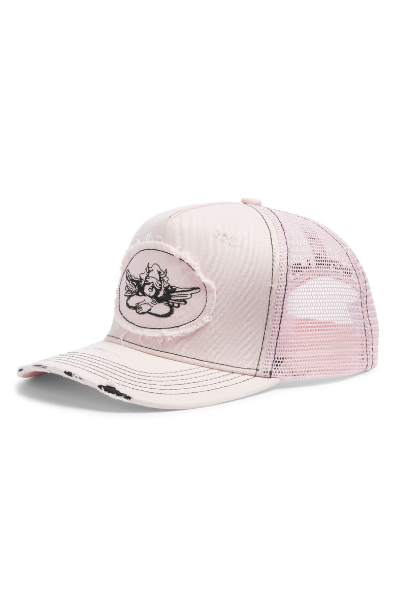 BOYS LIE Miss Mayhem Distressed Trucker Hat, Main, color, Pale Pink