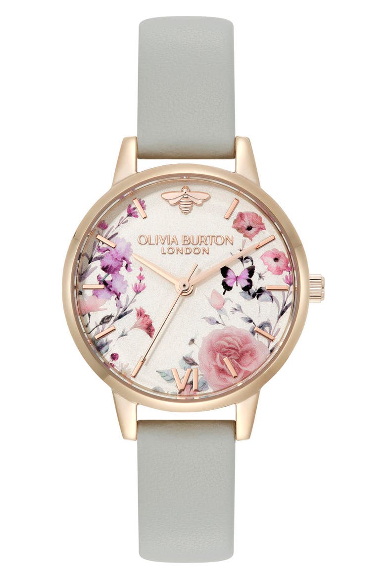Illustrated Floral Leather Strap Watch, 30mm, Main, color, IVORY/GREY