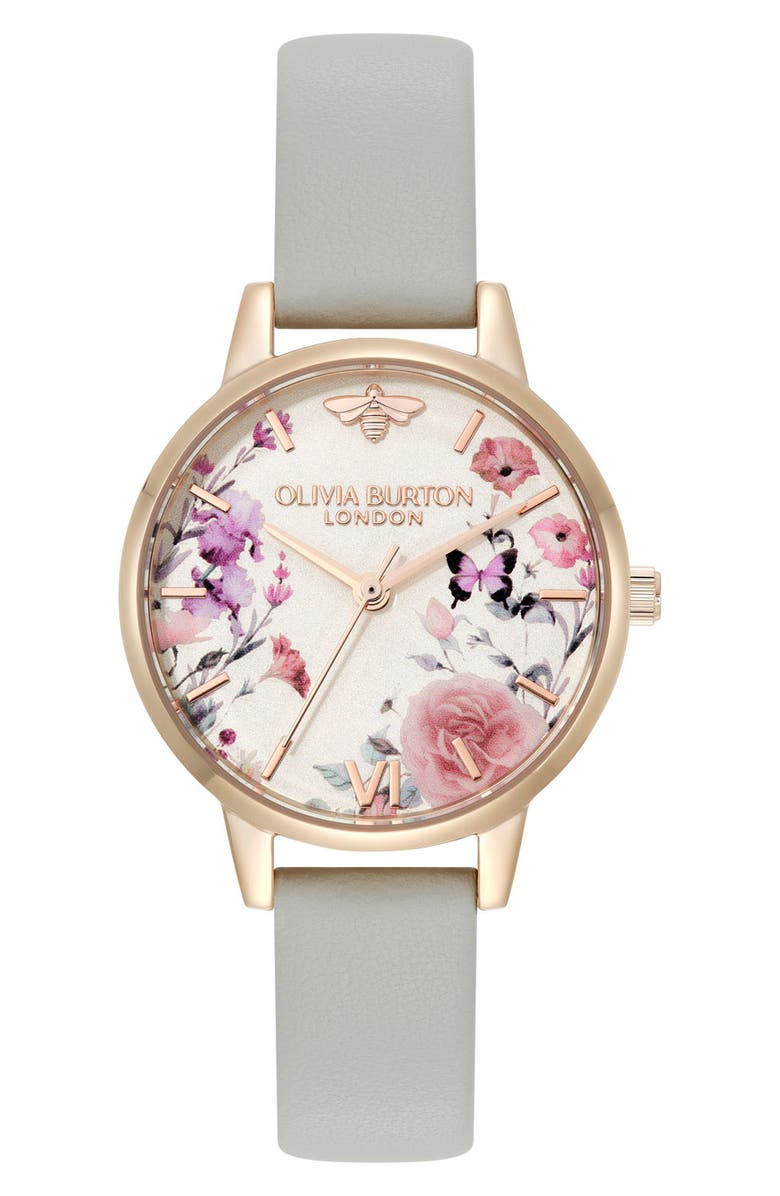 Olivia Burton Illustrated Floral Leather Strap Watch, 30mm, Main, color, Ivory/Grey