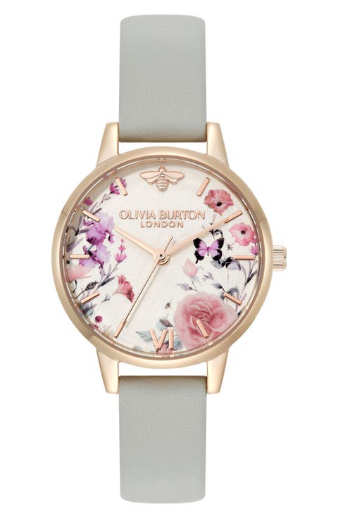 Illustrated Floral Leather Strap Watch, 30mm