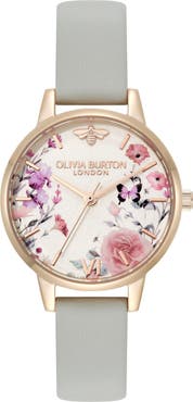 Olivia Burton Illustrated Floral Leather Strap Watch, 30mm