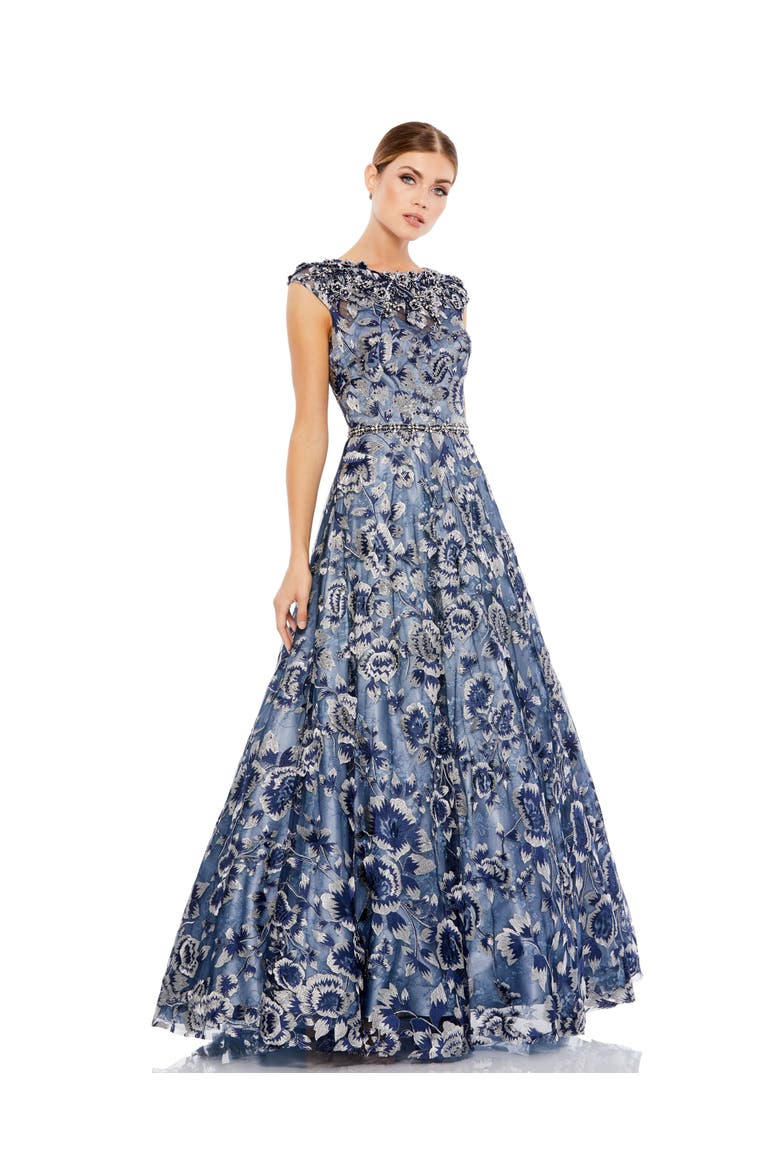 Embellished Cap Sleeve High Neck Ballgown, Main, color, Blue