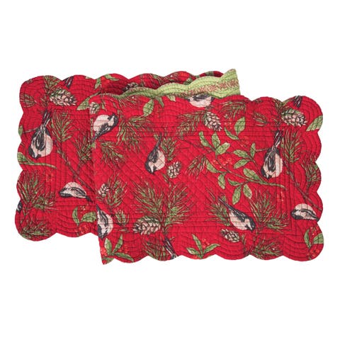 Chickadees & Pine Needles Red Quilted 100% Cotton Christmas Table Runner