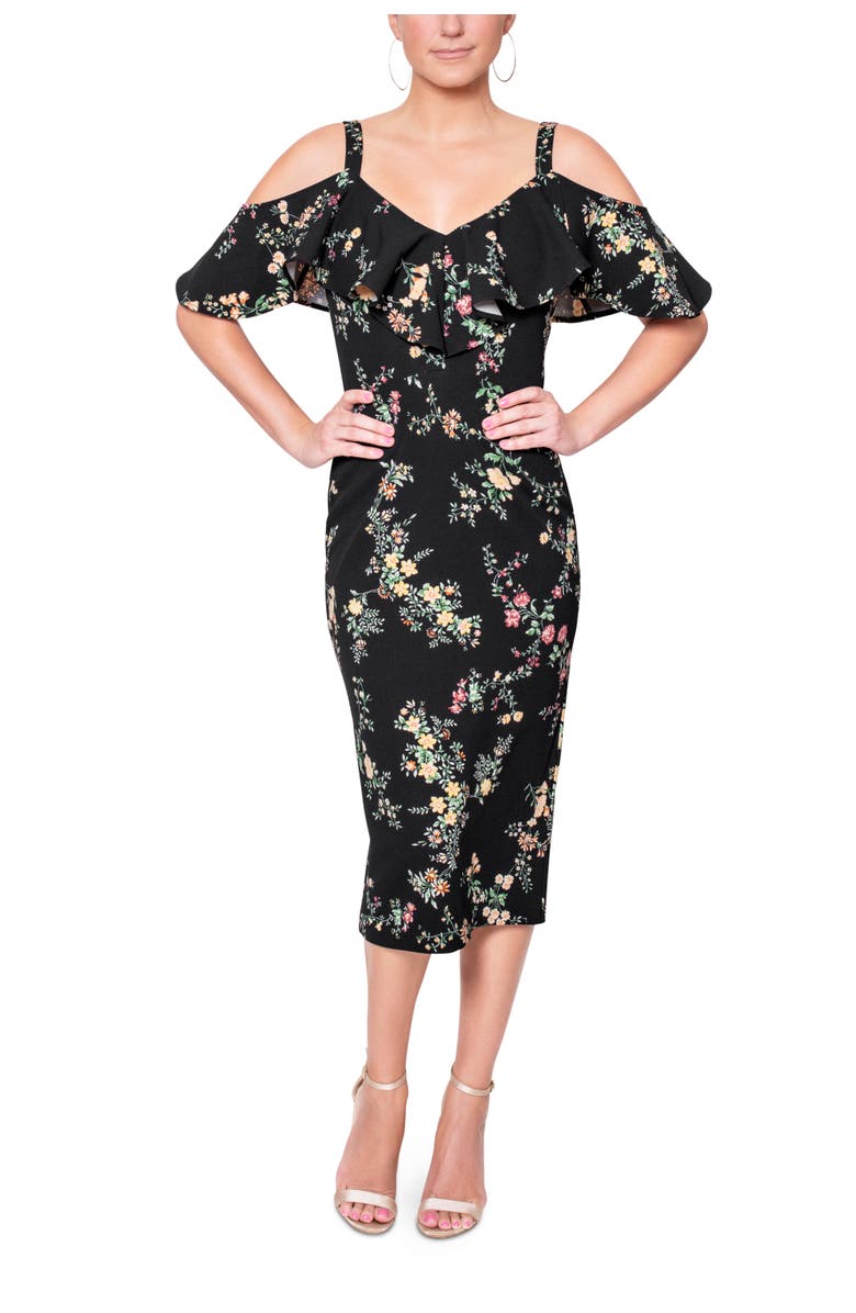 RACHEL Rachel Roy Marcella Printed Off the Shoulder Ruffle Midi Dress, Main, color, Black Fall Floral