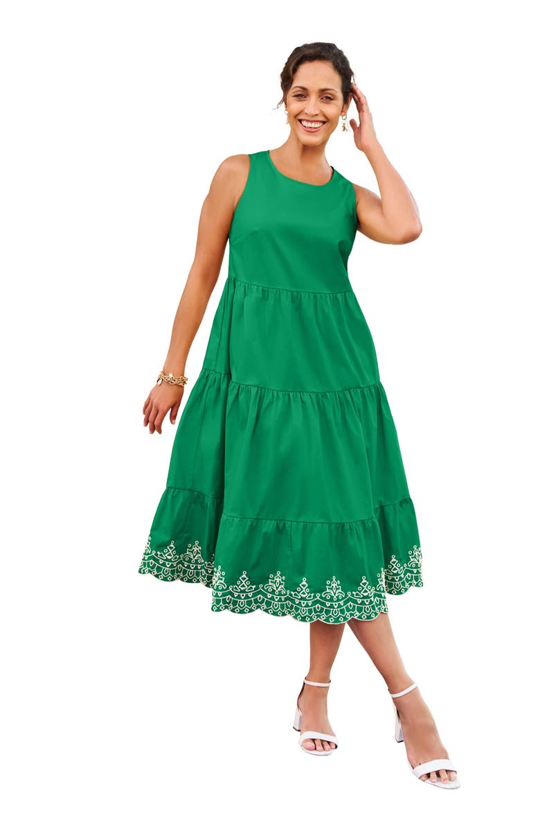 Jessica London Sleeveless Eyelet Poplin Dress, Main, color, Kelly Green Eyelet
