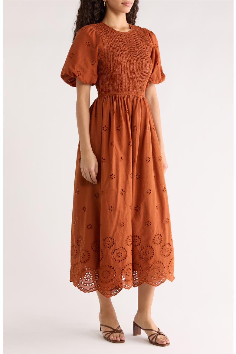 Deana Eyelet Smocked Midi Dress, Alternate, color, BROWN