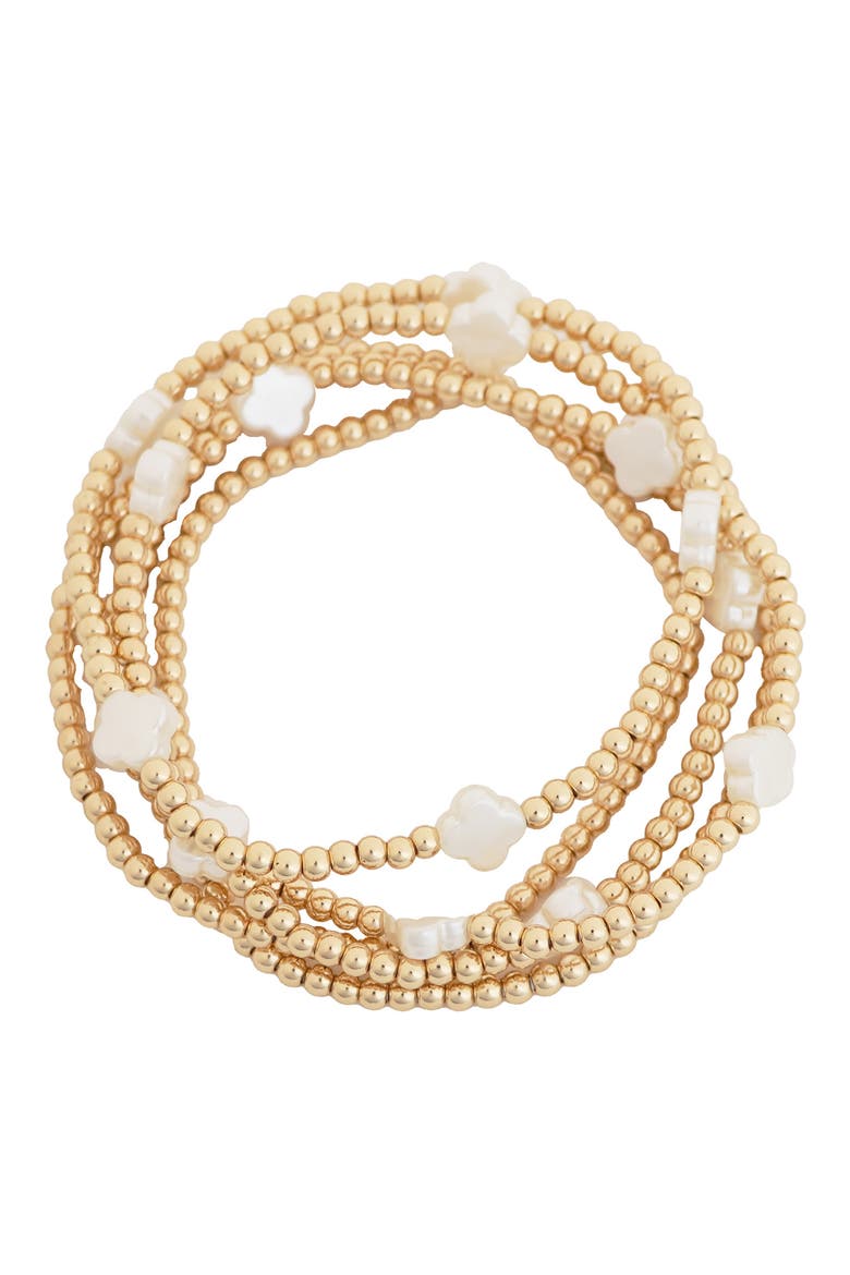 Set of 5 White Clover Beaded Stretch Bracelets, Main, color, WHITE