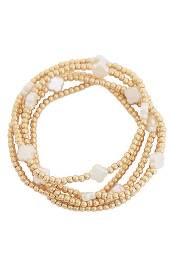 Panacea Set Of 5 White Clover Beaded Stretch Bracelets In Gold