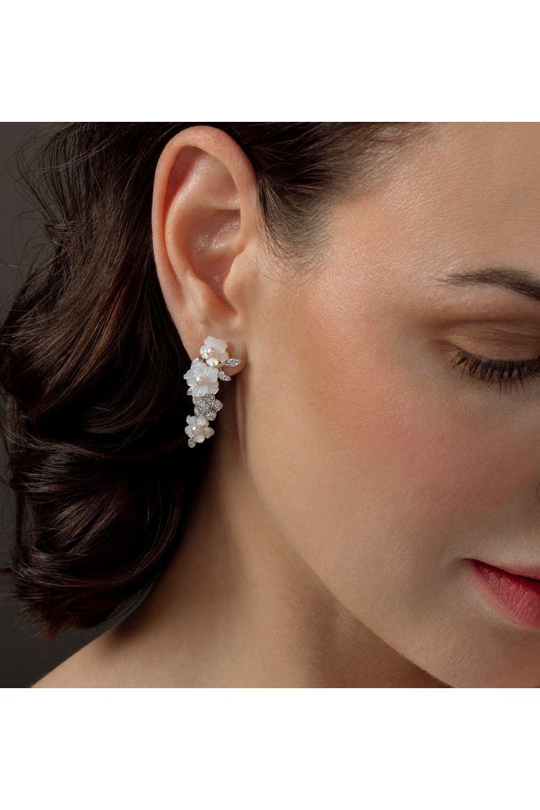 White Freshwater Pearl & Mother of Pearl Flower Magnolia Earrings, Alternate, color, Sterling Silver