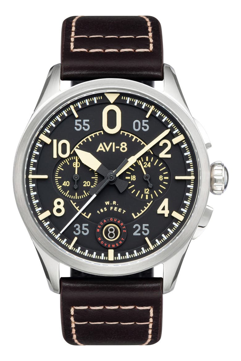 Spitfire Lock Midnight Oak Dial Chronograph Leather Strap Watch, 42mm, Main, color, BLACK