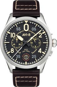 AVI-8 Spitfire Lock Midnight Oak Dial Chronograph Leather Strap Watch, 42mm