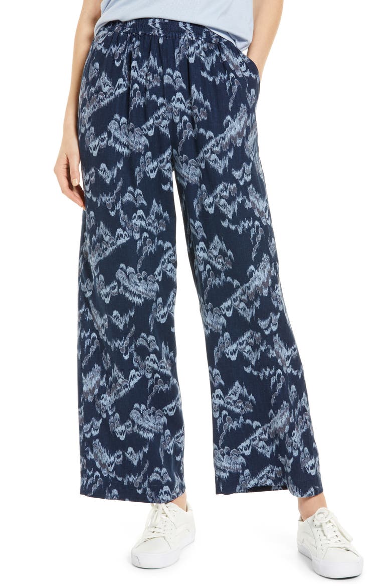 Linen Blend Wide Leg Pants, Main, color, NAVY CLOUD CAMOUFLAGE