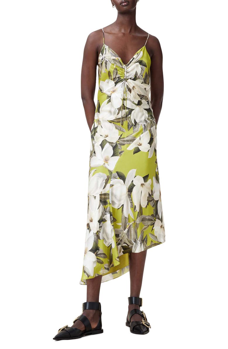 AllSaints Alexia Floral Satin Midi Slipdress, Main, color, Revive Stem Green