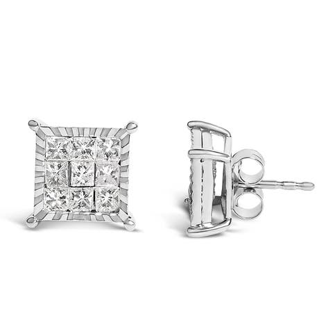 Sterling Silver 1.0 Cttw Princess Diamond Composite Square Stud Earrings