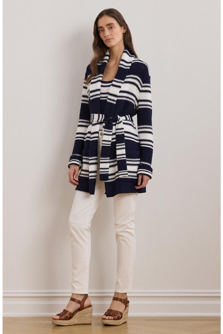 Stripe Belted Long Cardigan, Alternate, color, REFINED NAVY/ WHITE