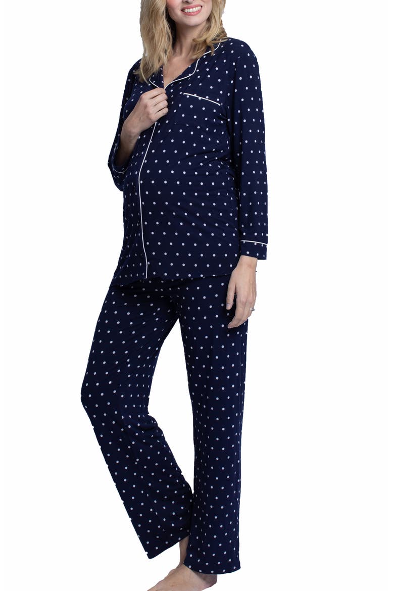 Polka Dot Maternity/Nursing Pajamas & Baby Wrap Set, Alternate, color, NAVY/ SPOTS