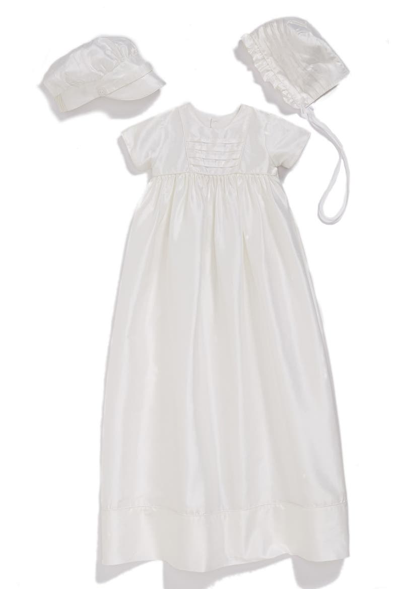 Dupioni Christening Gown with Hat and Bonnet Set, Main, color, WHITE