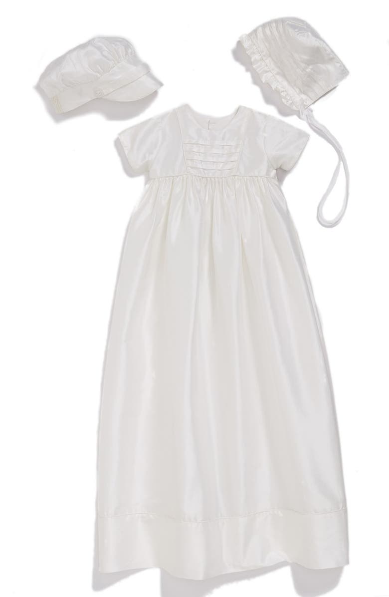 Little Things Mean a Lot Dupioni Christening Gown with Hat and Bonnet Set, Main, color, White