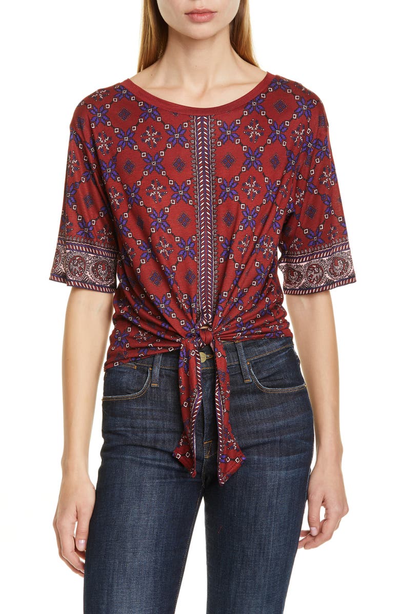 SANDRO Lamaar Scarf Print Tie Front Tee, Main, color, 