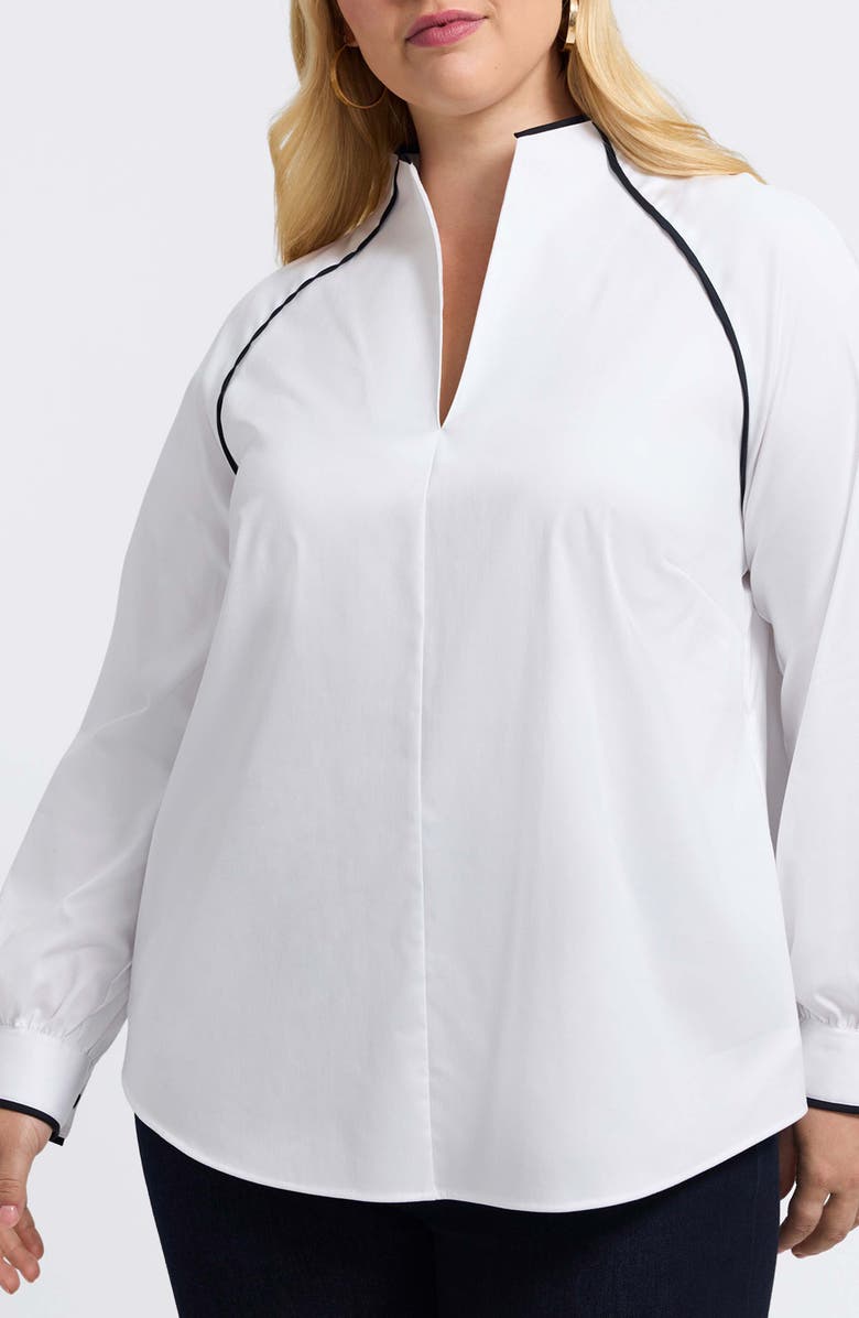 Foxcroft Daphne Contrast Piping Stretch Cotton Blend Pullover, Main, color, White