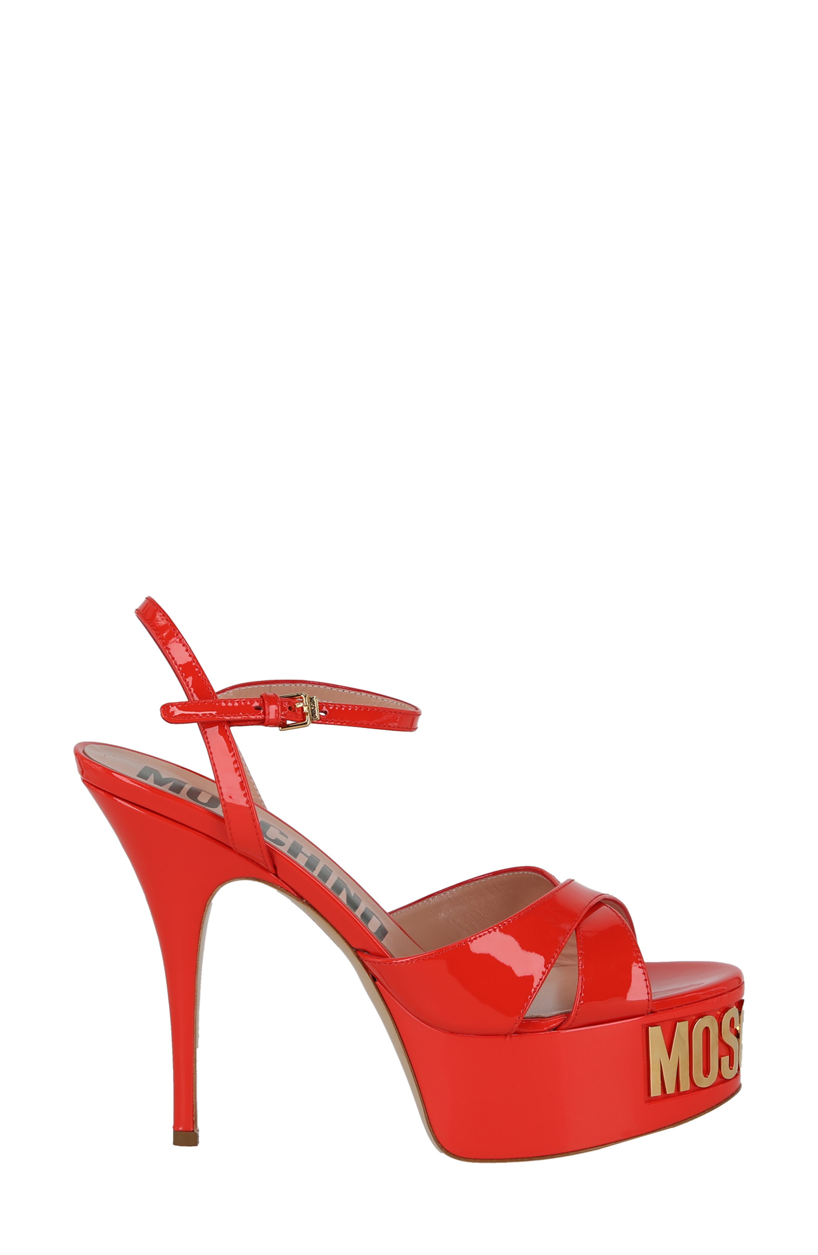 Moschino Logo Ankle Strap Platform Sandal, Alternate, color, Orange