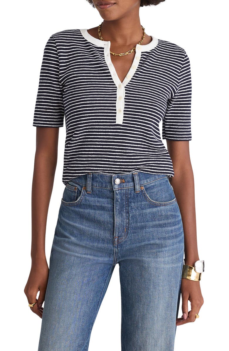 Madewell Stripe Elbow Sleeve Henley, Main, color, Midnight Navy