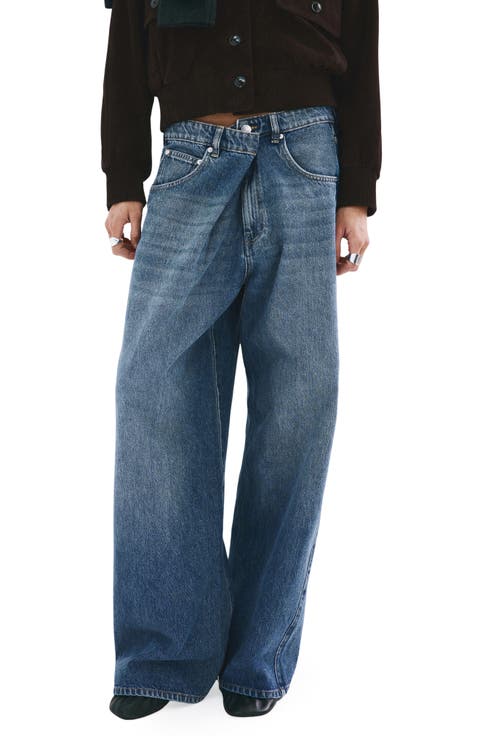 Foldover Mid Rise Balloon Jeans