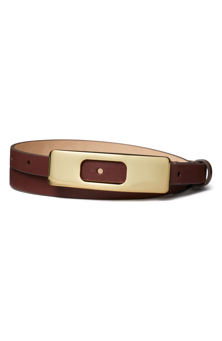 Tory Burch Leather Plate Buckle Belt, Main, color, Dark Cabernet / Gold