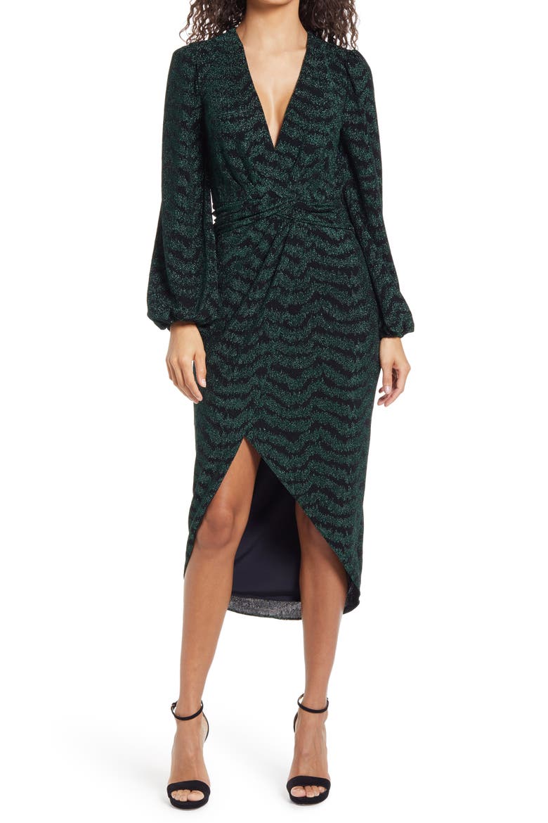 Camila Plunge Neck Long Sleeve Midi Dress, Main, color, EMERALD