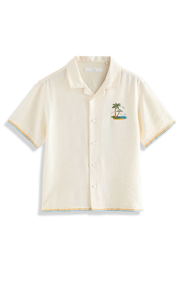 NEXT Kids' Palm Tree Short Sleeve Graphic Button-Up Shirt, Main, color, Neutral