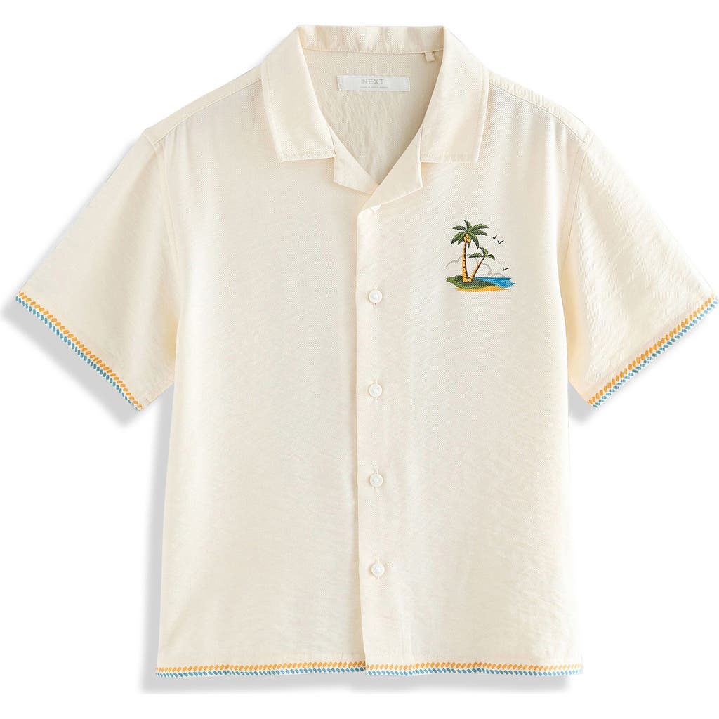 Next Kids' Palm Tree Short Sleeve Graphic Button-up Shirt In Nude