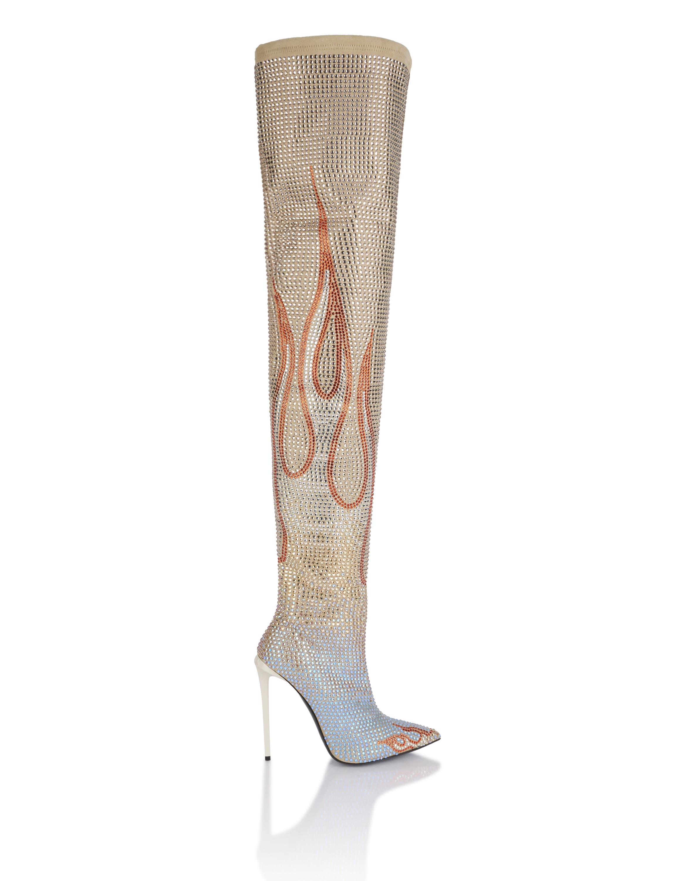 PHILIPP PLEIN Suede Strass Boots Hi-Heels Overknees Flame Women, Alternate, color, Beige