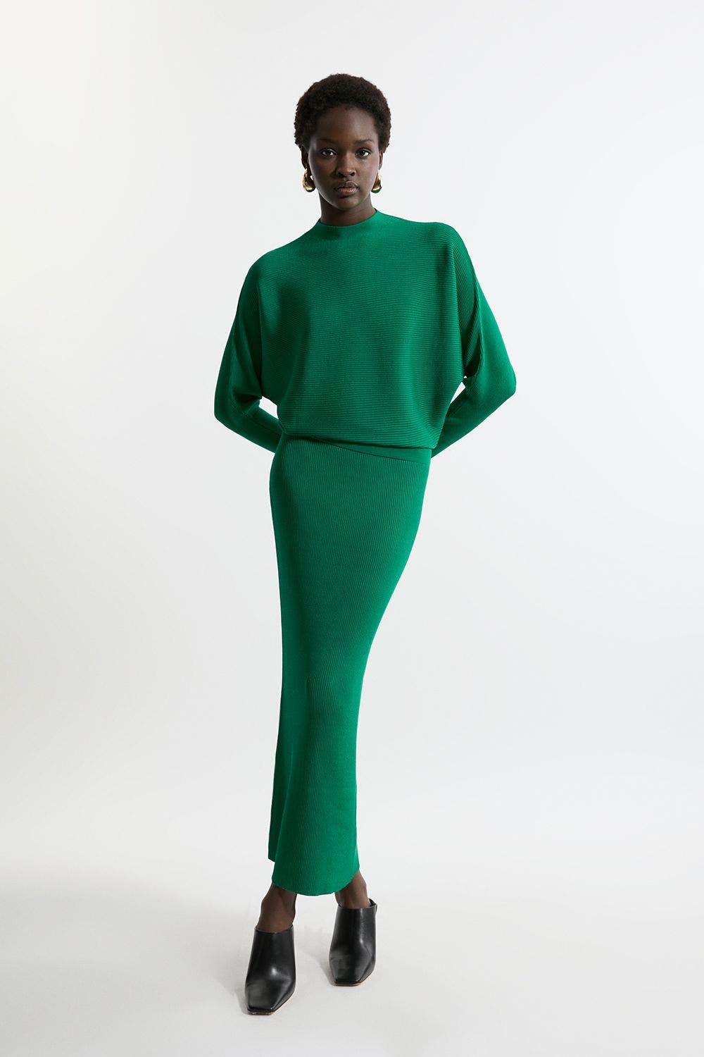Karen Millen Drape Knit Bat Wing Pencil Midi Dress In Green
