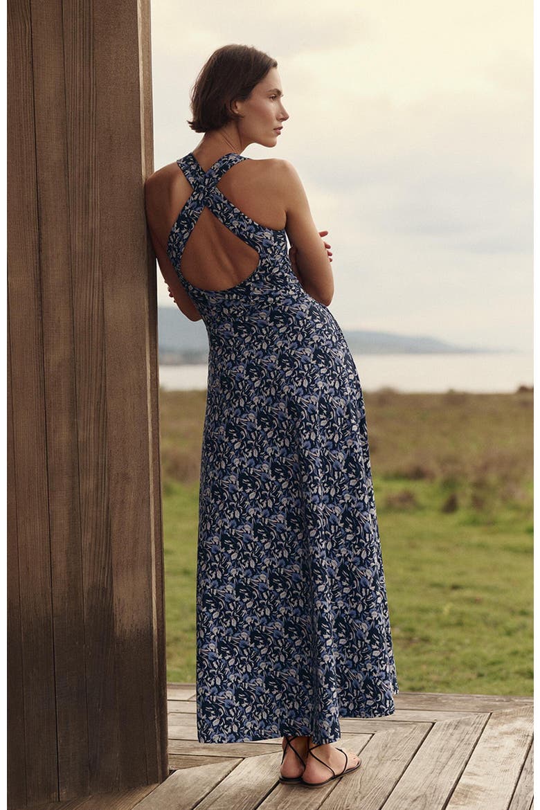 Fit & Flare Open Back Maxi Dress Made With Organic Cotton, Alternate, color, Paradise Petals Navy Blue