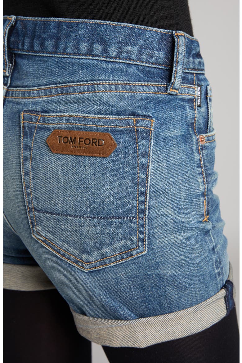 High Waist Rolled Hem Comfort Stone Washed Denim Shorts, Alternate, color, HB772 MID BLUE