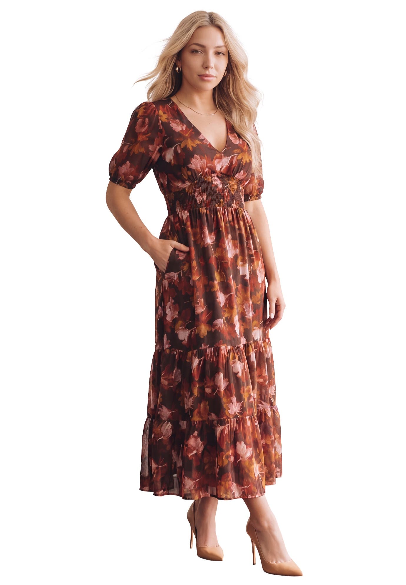 Roaman's Chiffon V Neck Short Sleeve Tiered Maxi Dress (Women) | Nordstrom