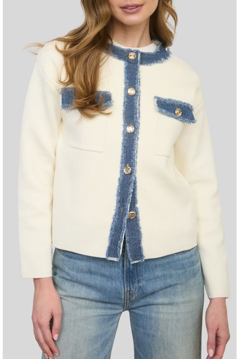 Frayed Denim Trim Knit Jacket, Main, color, IVORY DENIM