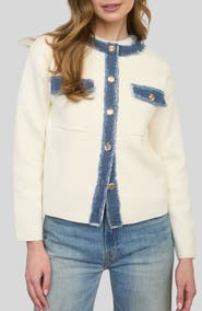 ZOE AND CLAIRE Frayed Denim Trim Knit Jacket