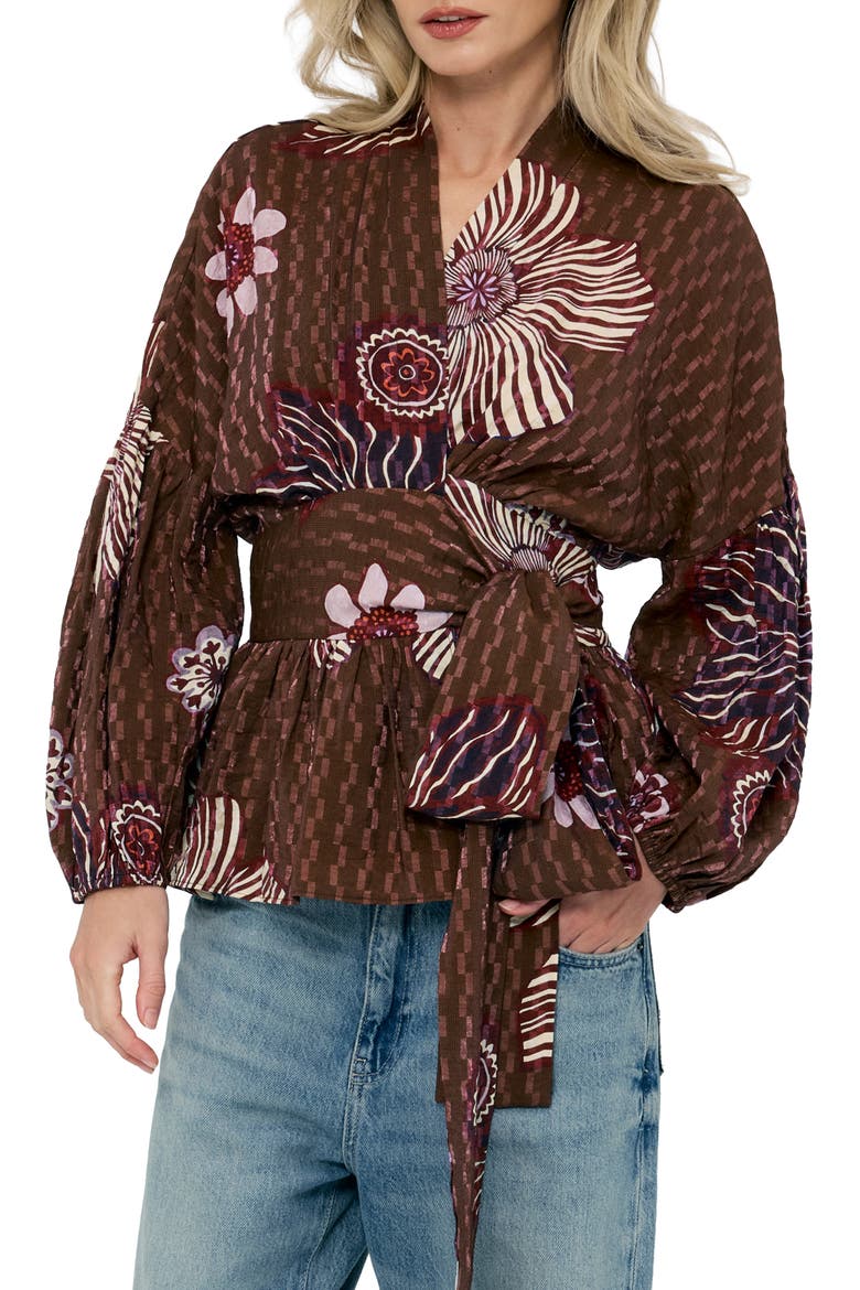 Opal Floral Balloon Sleeve Wrap Top, Alternate, color, BROWN MULTI