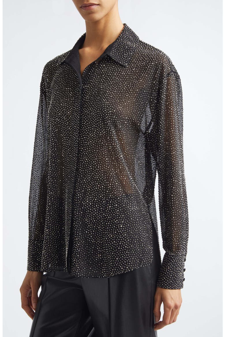 Dimitra Crystal Embellished Oversize Sheer Shirt, Alternate, color, BLACK