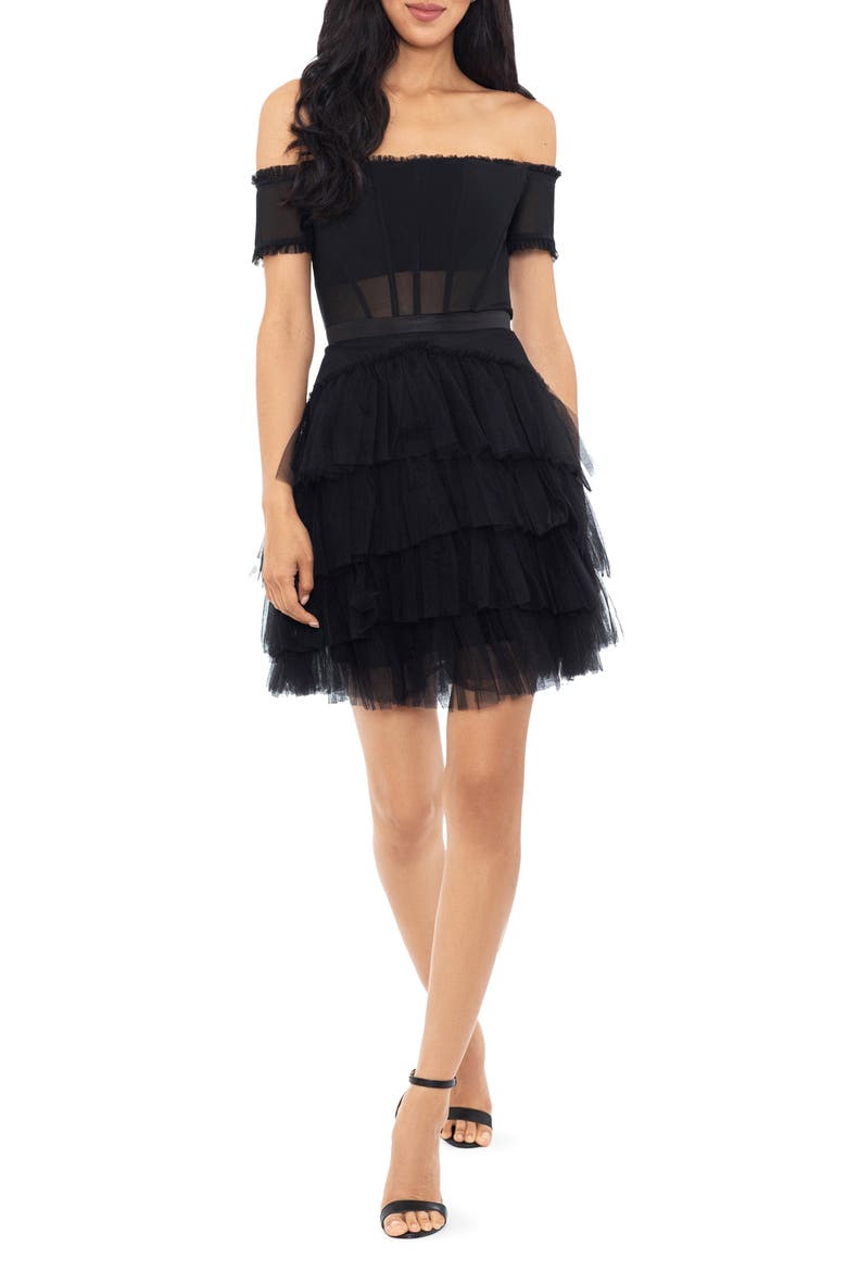 Corset Tiered Ruffle Off the Shoulder Tulle Minidress, Main, color, BLACK