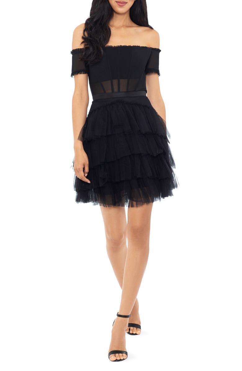 Betsy & Adam Corset Tiered Ruffle Off the Shoulder Tulle Minidress, Main, color, Black