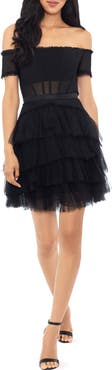Betsy & Adam Corset Tiered Ruffle Off the Shoulder Tulle Minidress