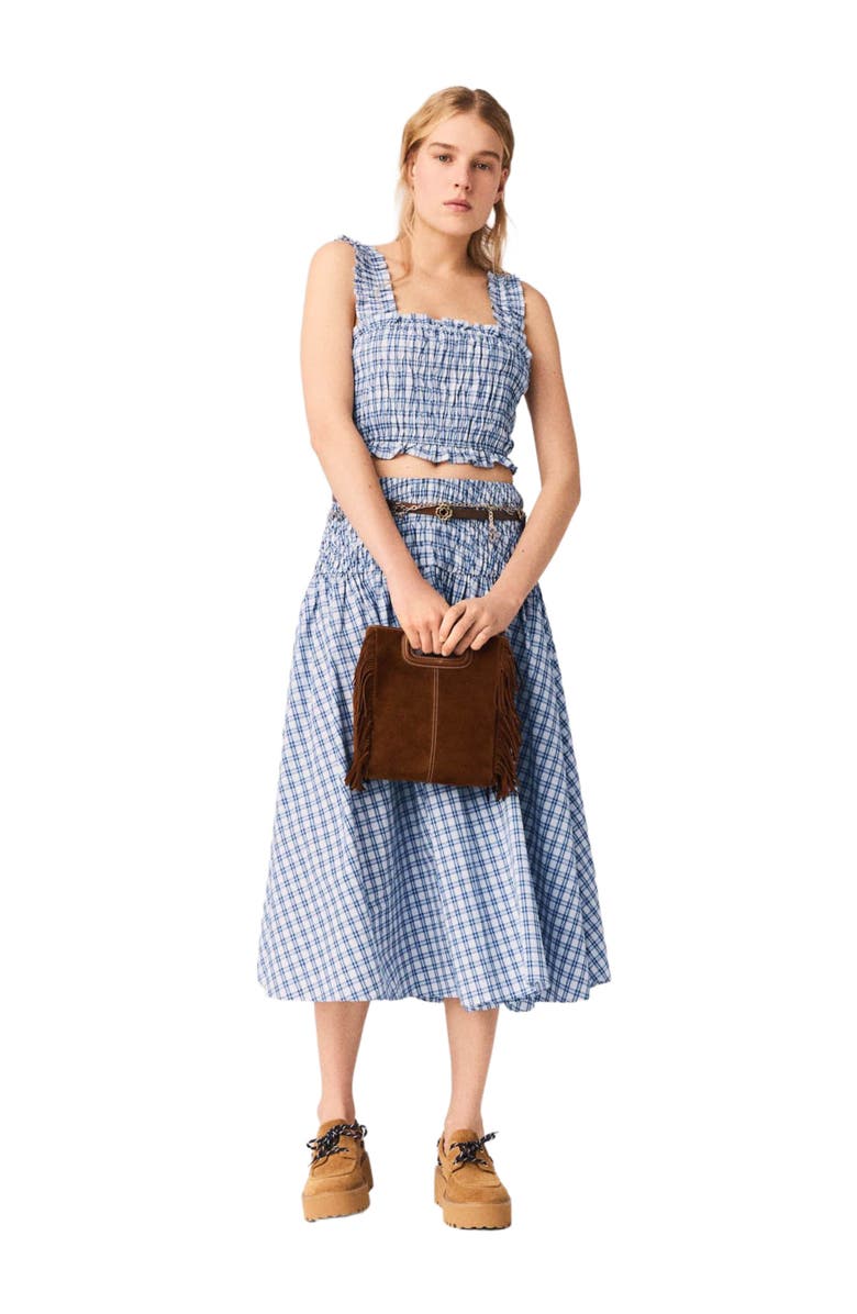 maje Smocked rhinestone cotton top, Alternate, color, Blue Check Print