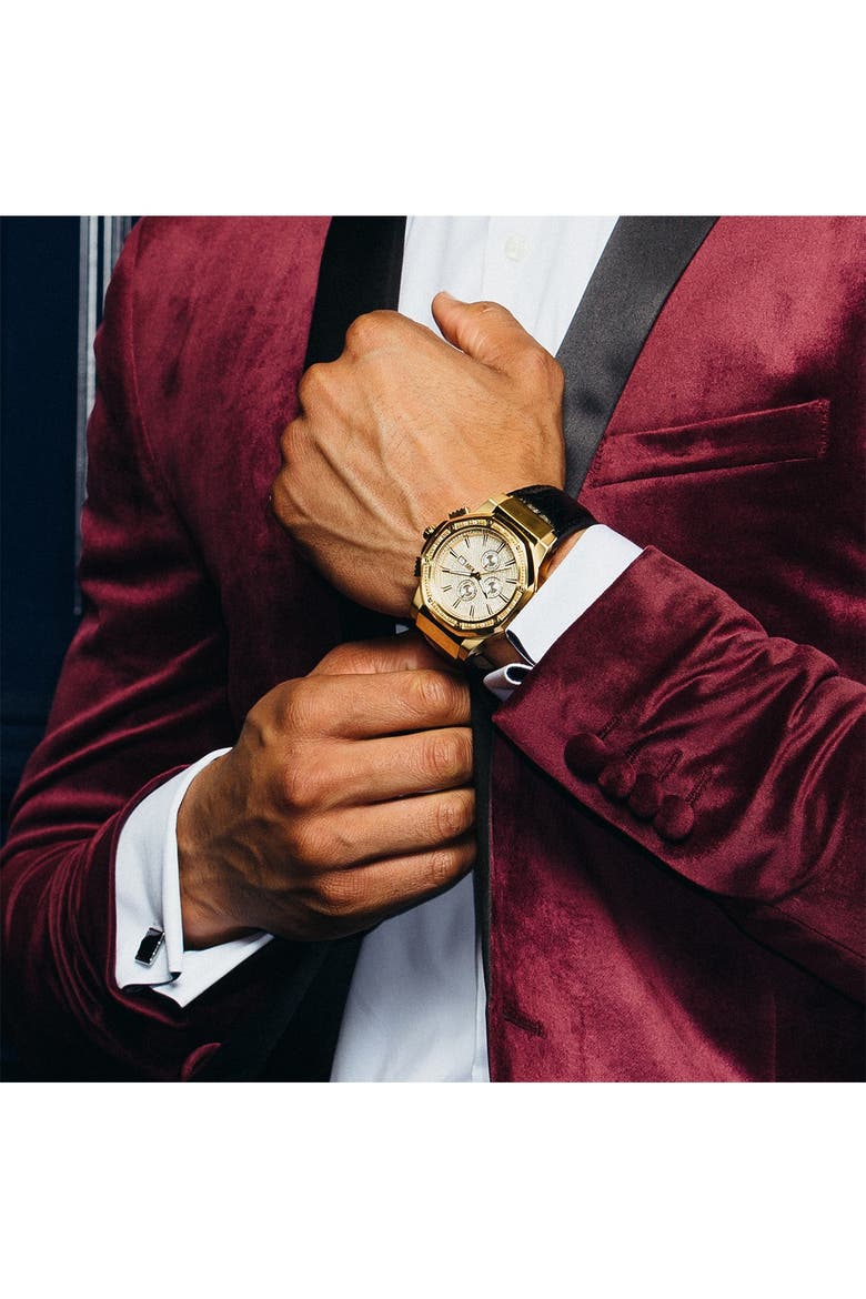 Men's Saxon Diamond Croc Embossed Leather Strap Watch, 48mm - 0.16 ctw, Alternate, color, GOLD