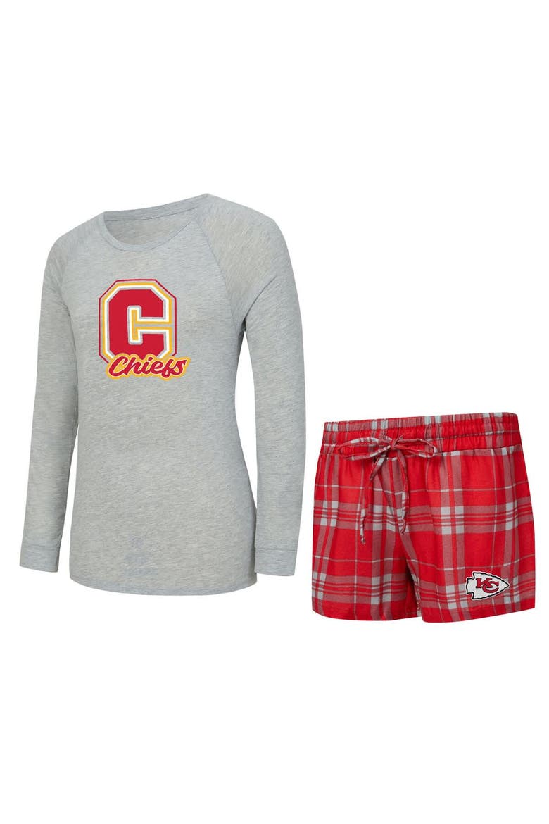 Women's Concepts Sport  Heather Gray/Red Kansas City Chiefs Regulate Plaid Long-Sleeve T-Shirt & Shorts Sleep Set, Main, color, Heather Gray