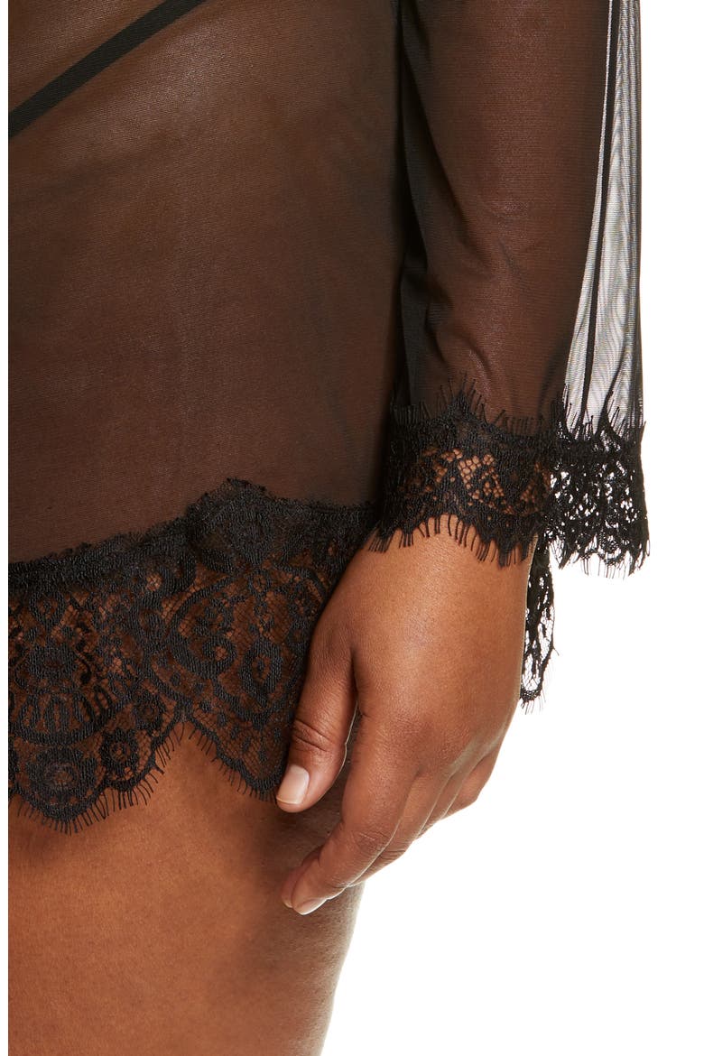 Lace Trim Mesh Robe & G-String Set, Alternate, color, BLACK