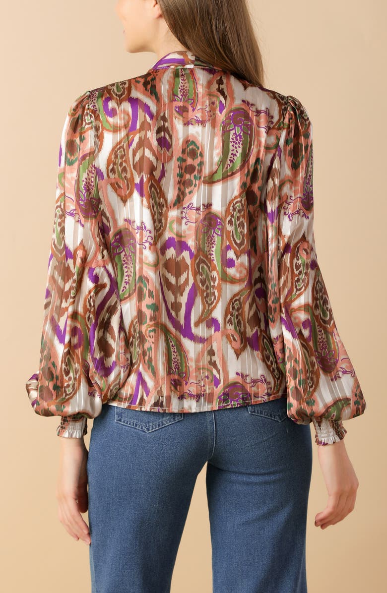 FLYING TOMATO Paisley Tie Neck Long Sleeve Top, Alternate, color, Cream Brown