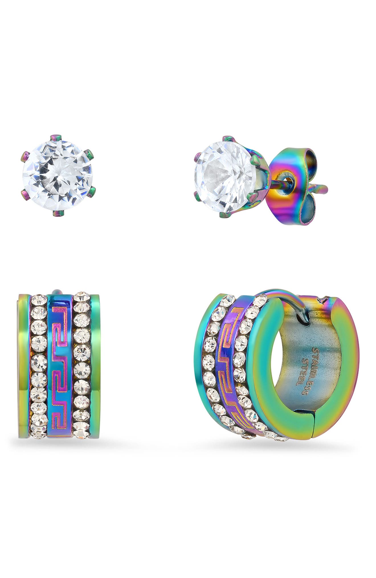 STEELTIME HMY JEWELRY Multi Ion Plated Stainless Steel Stud & Huggie Earrings - Set of 2
