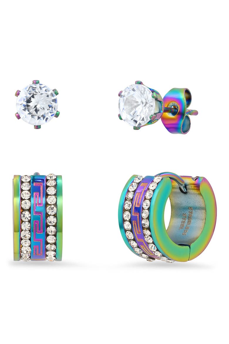 HMY JEWELRY Multi Ion Plated Stainless Steel Stud & Huggie Earrings - Set of 2, Main, color, MULTI